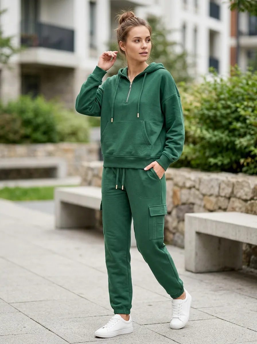 Women's Casual Sporty Forest Green Embroidered Half-Zip Hoodie Cargo Jogger Set