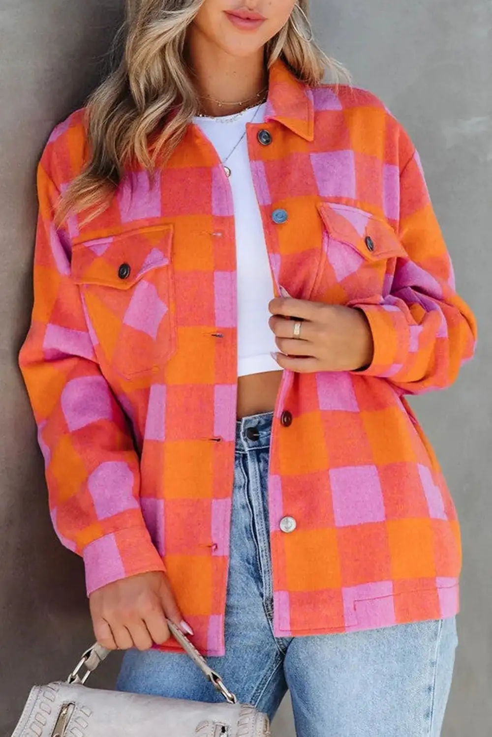 Collared Plaid Pocketed Jacket
