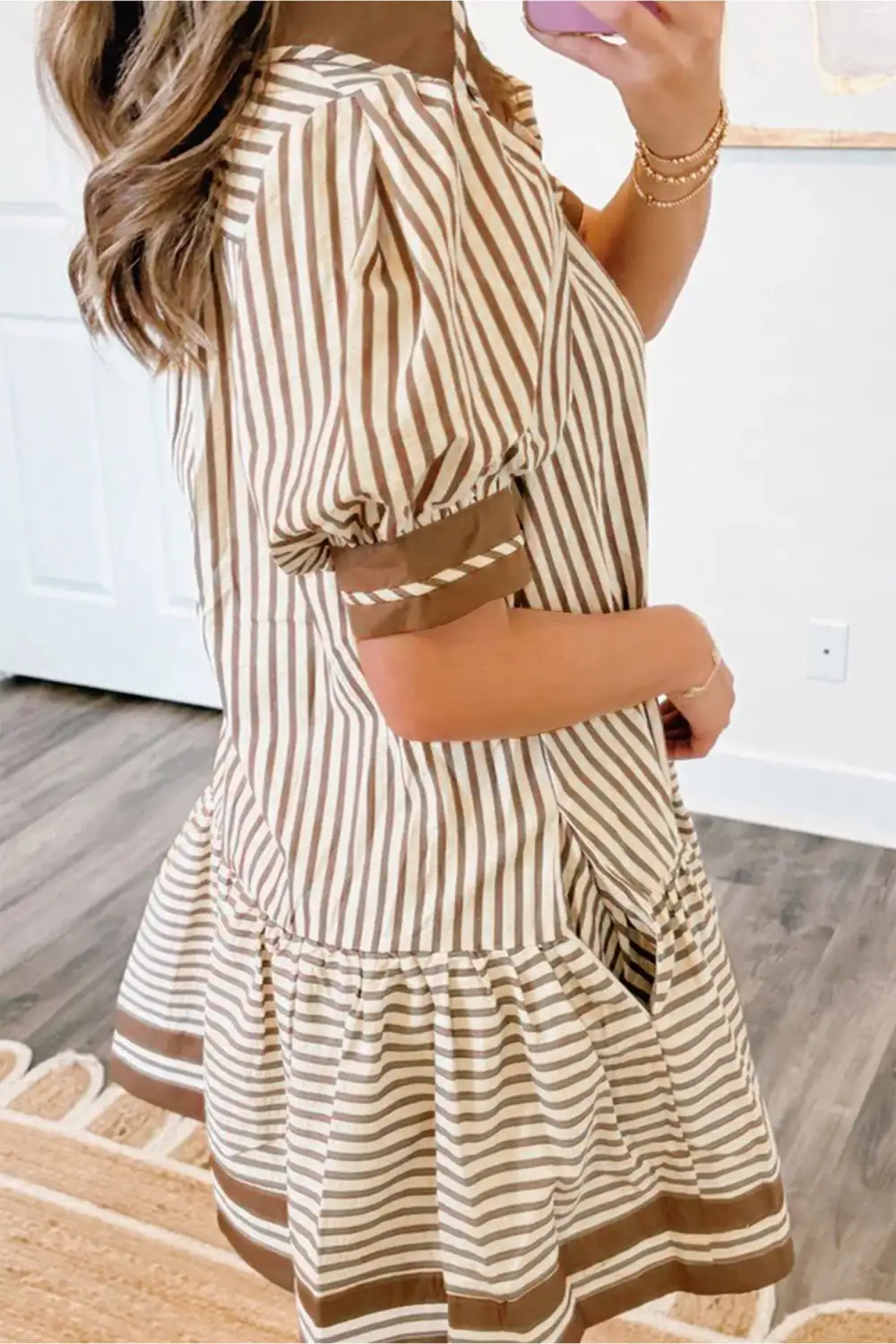 Striped Ruffle Trim Mixed Panel Mini Dress