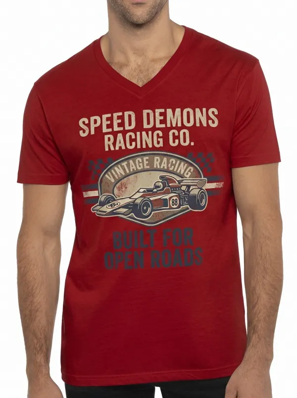 Men's Vintage Racing Car Speed Demons Printed V-neck T-shirt