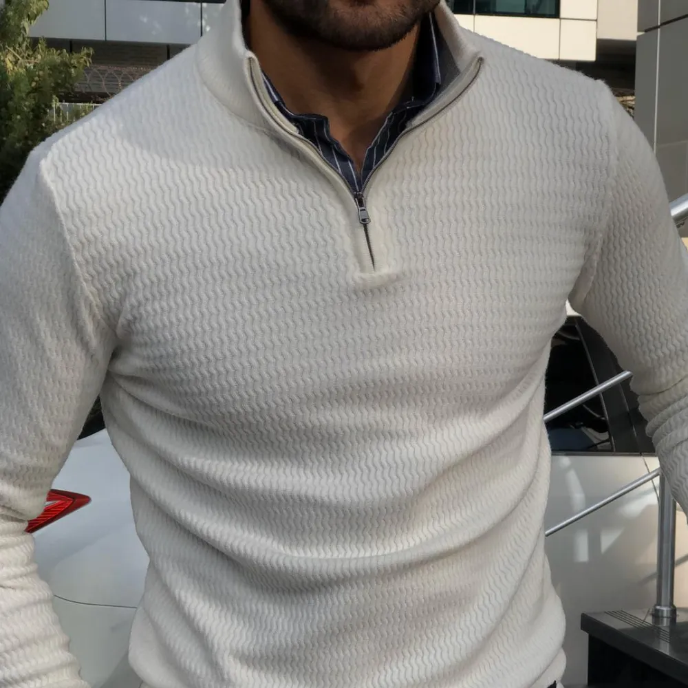 Modern Slim Fit Zip Detail Cotton Knit Sweater