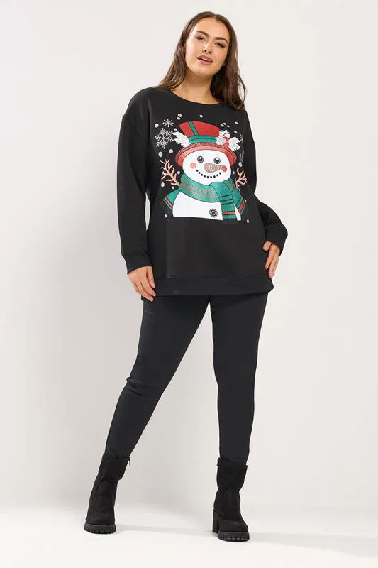 Black Glitter Snowman Christmas Novelty Sweatshirt detail 1