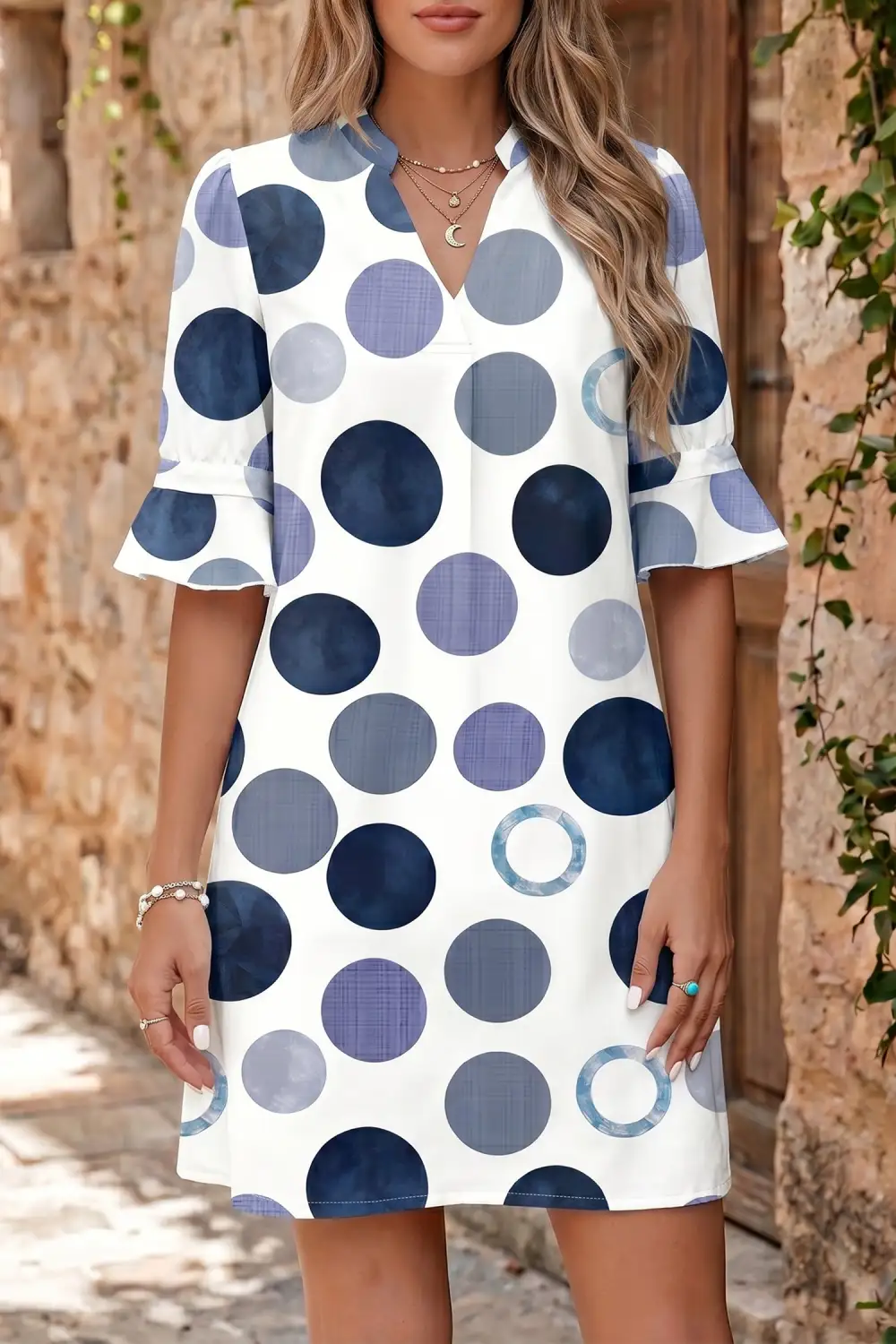 Polka Dot Print Flounced Half Sleeve Casual Vacation Dress