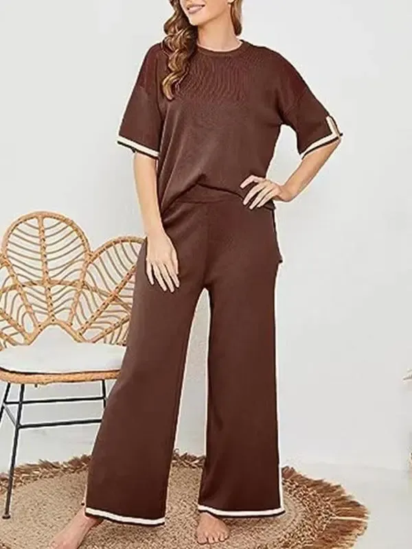Loose and Versatile Crew Neck Top and Trousers Two-piece Set