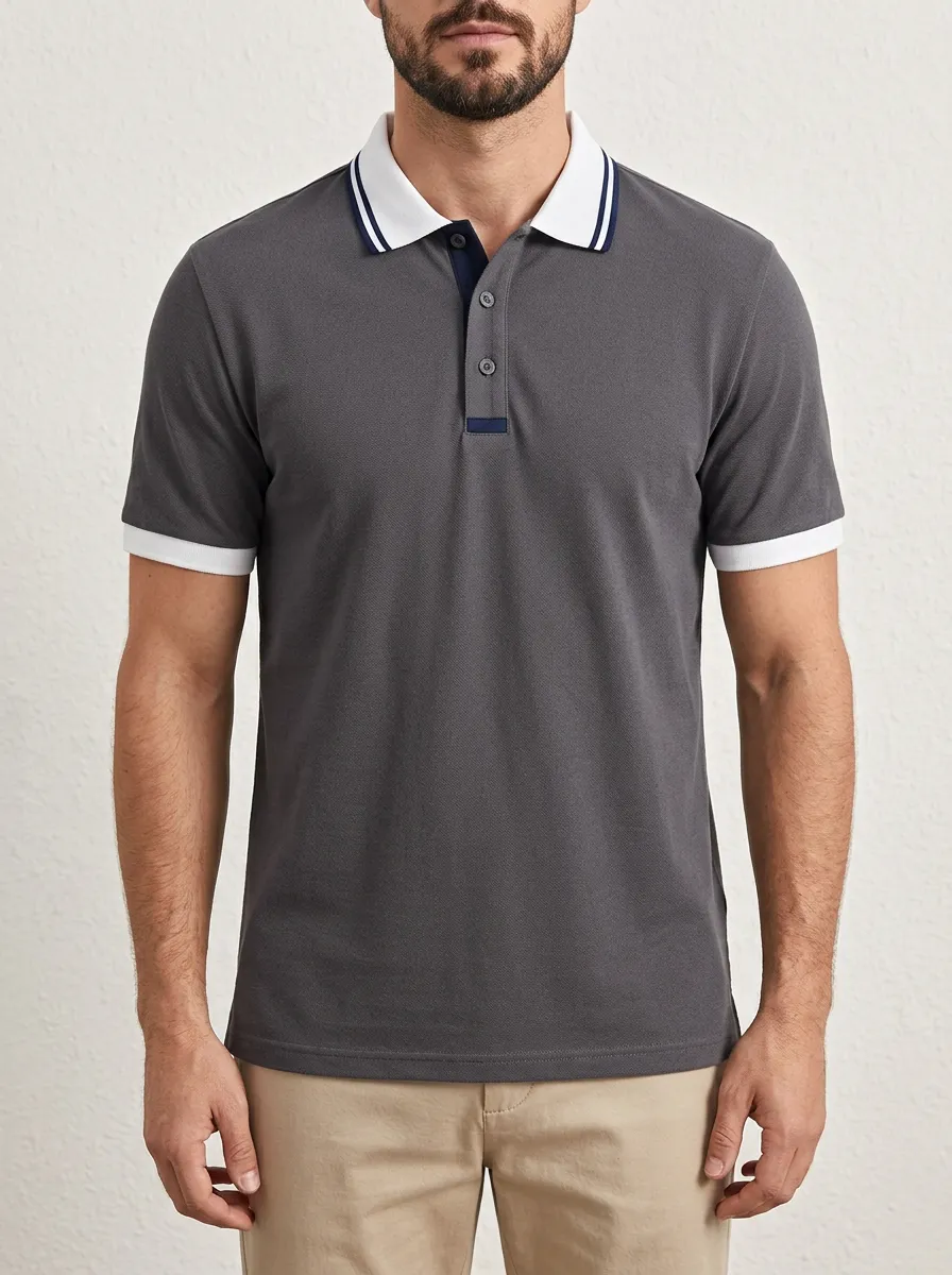 Men's Casual Business Contrast Trim Solid Color Polo Shirt