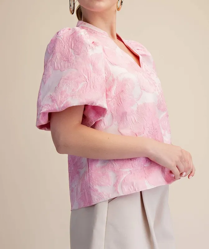 V-Neck Puff Sleeve Jacquard Top