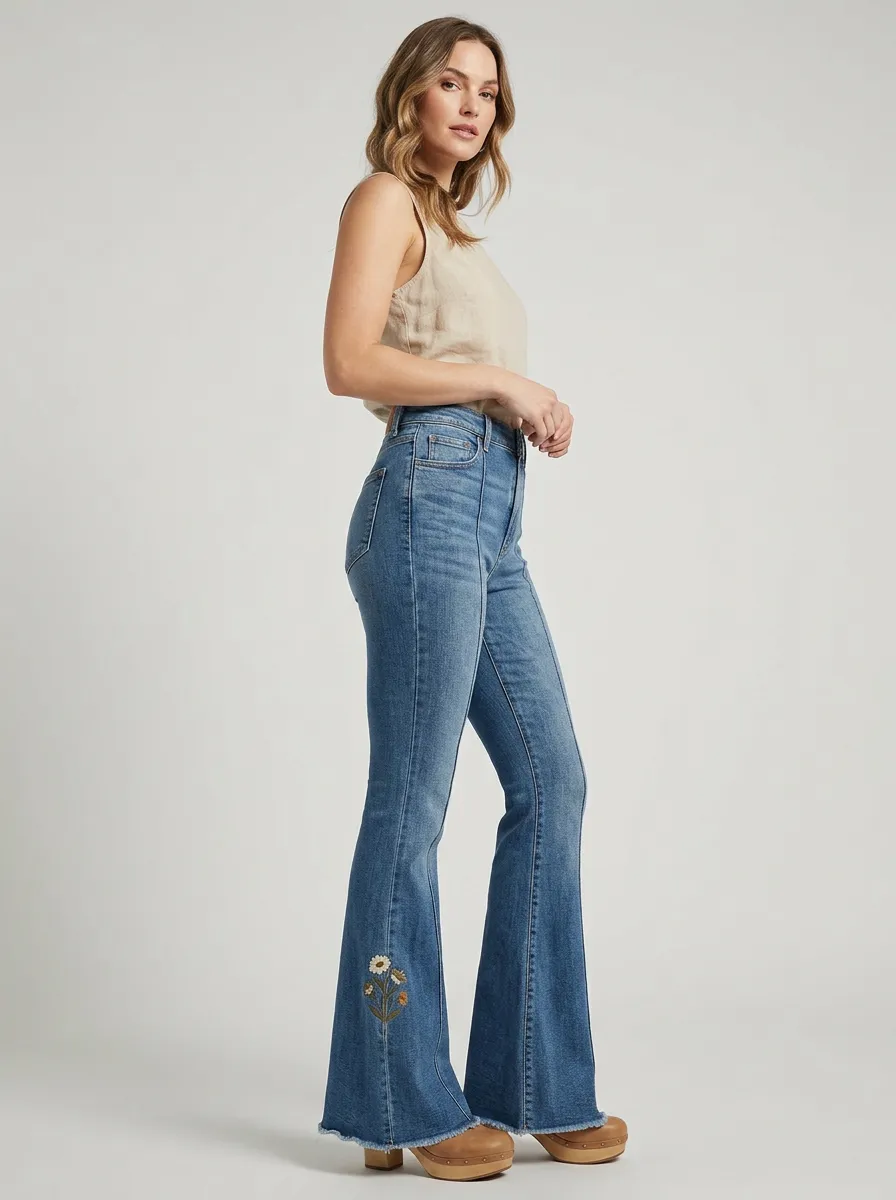 Women's Floral Daisy Embroidered High Rise Flare Jeans