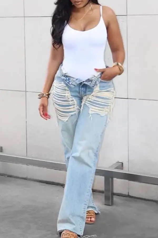 Blue Frayed Ripped Straight Leg Jeans