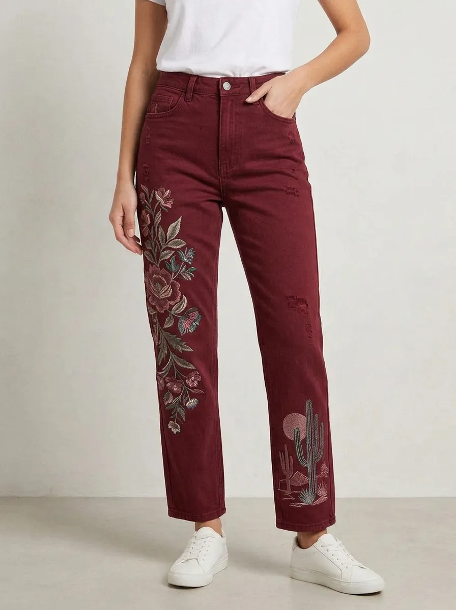 Women's Floral Cactus Desert Printed Straight Leg Jeans