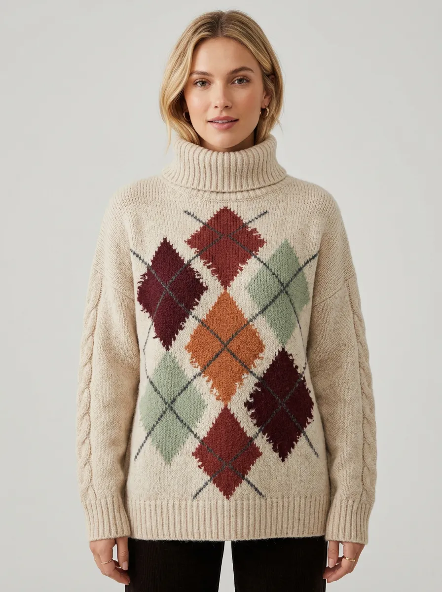Women's Vintage Argyle Pattern Knitted Turtleneck Sweater