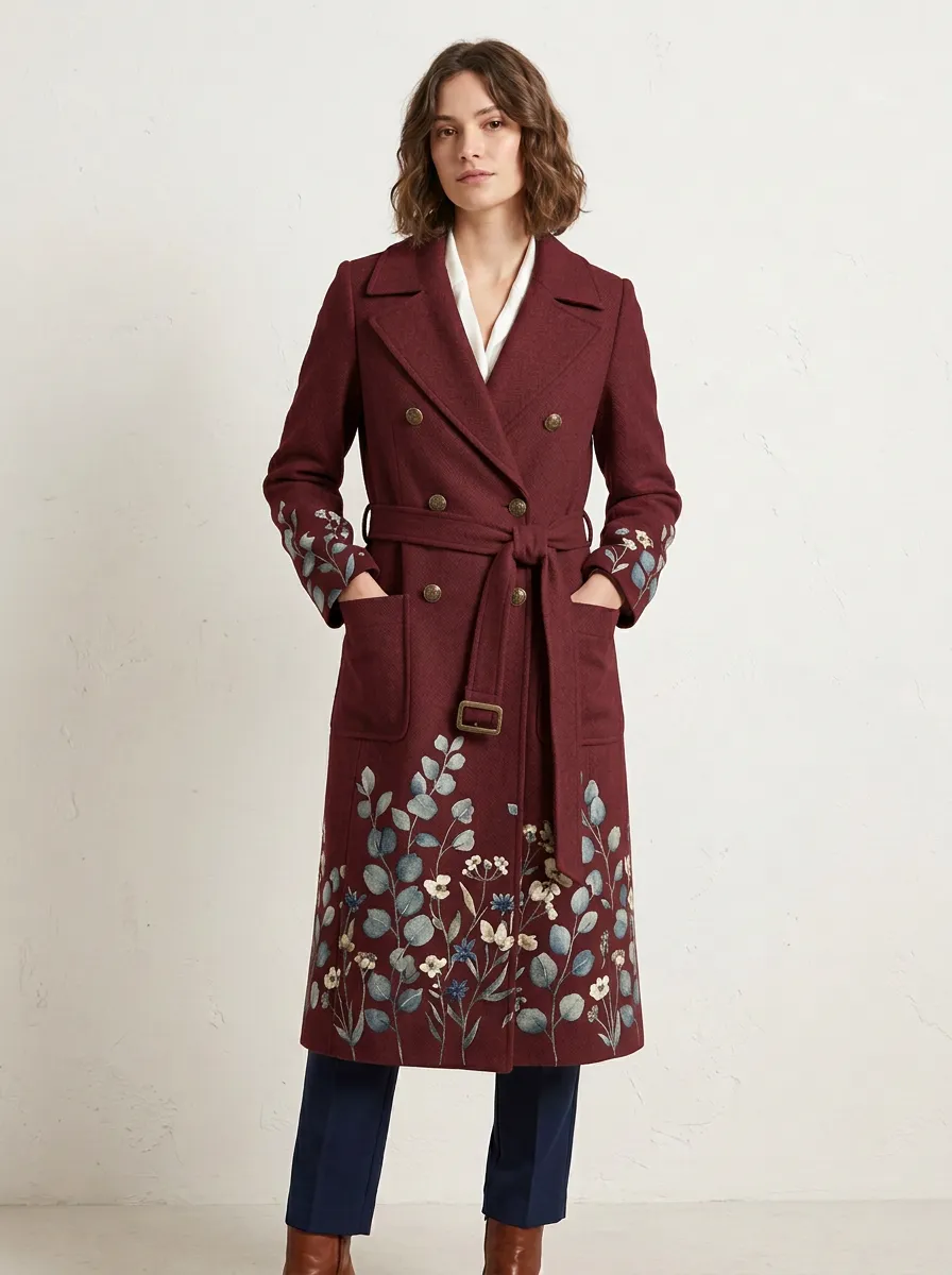 Women's Botanical Floral Eucalyptus Printed Trench Coat