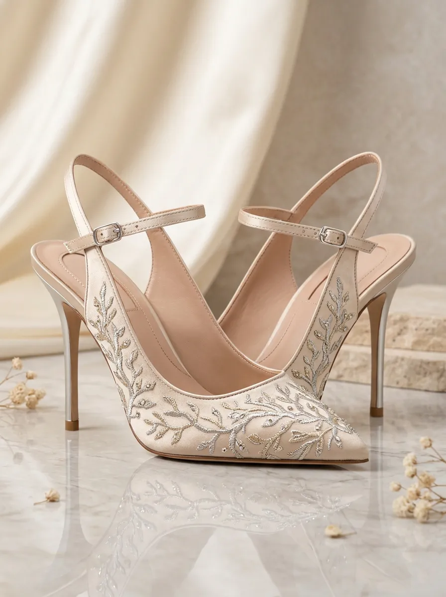 Embroidered Buckle-Strap Ankle-Strap Bridal Women's Formal High Heels