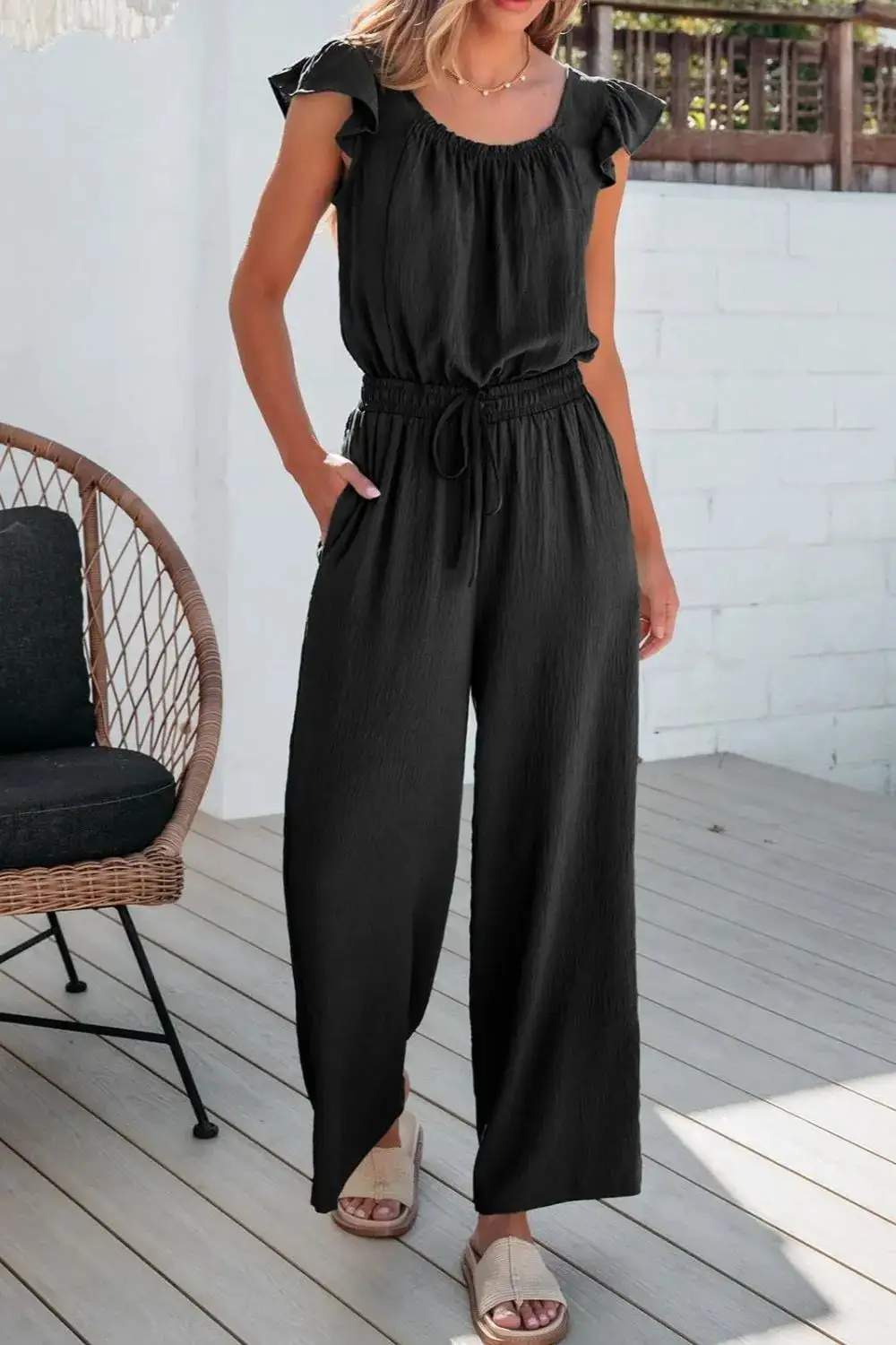 Ruffled Cap Sleeve Wide Leg Jumpsuit Accessory