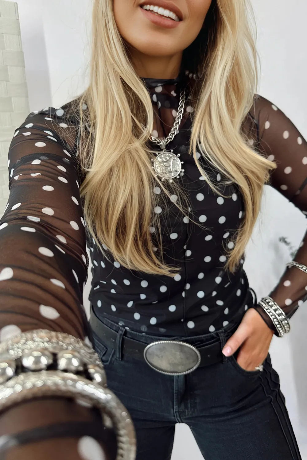 Black Polka Dot Patterned Bodycon Top