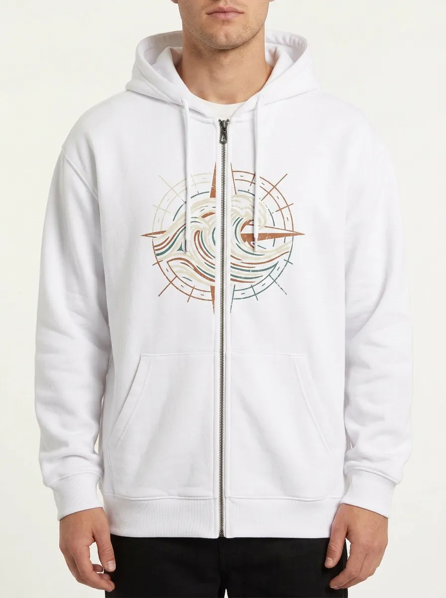 Men's Ocean Surfer Compass Wave Printed Zip-up Hoodie