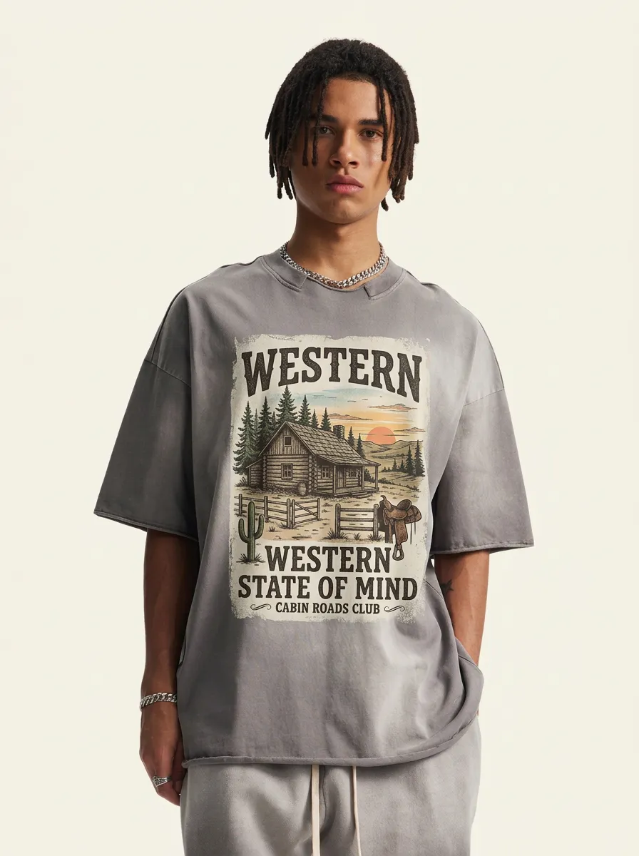 Men's Western State of Mind Cabin Landscape Printed T-shirt