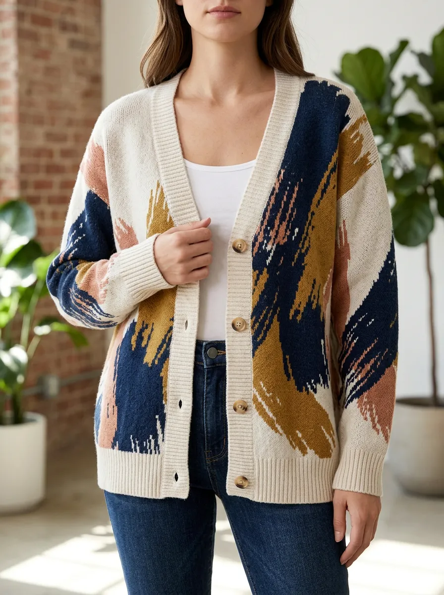 Women's Abstract Brushstroke Pattern Printed Ribbed Trim Versatile Everyday Cardigan