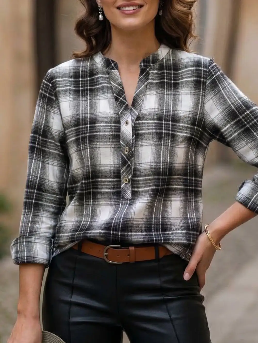 V Neck Plaid Button Shirt
