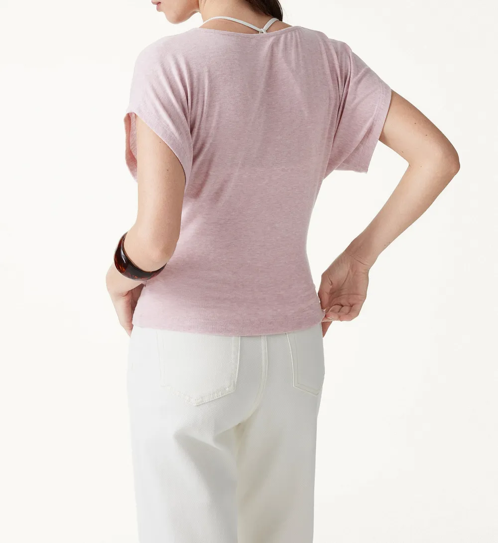 Summer Lyocell Wool Surplice Ruched Short Sleeve Top