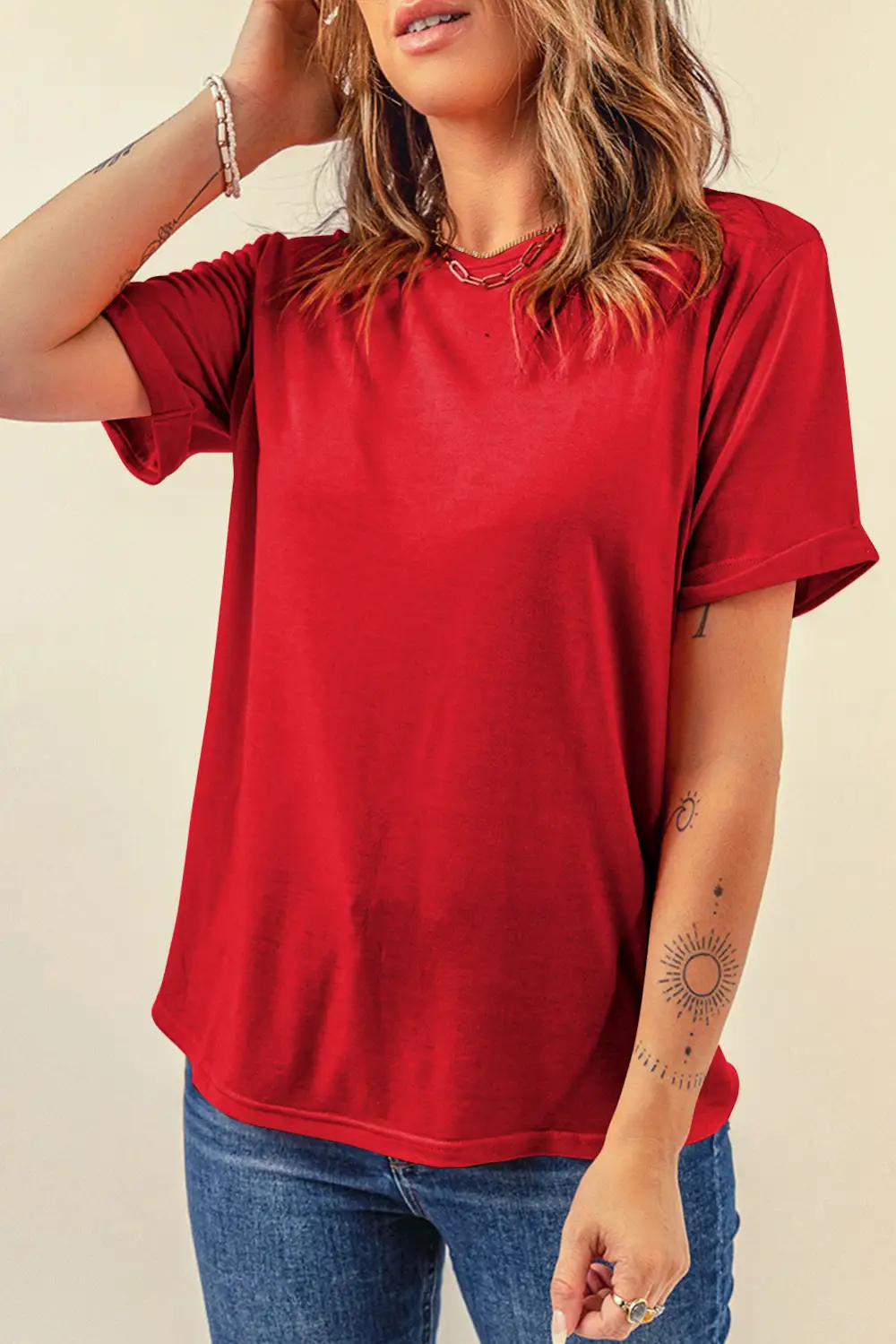 Red Casual Plain Crew Neck