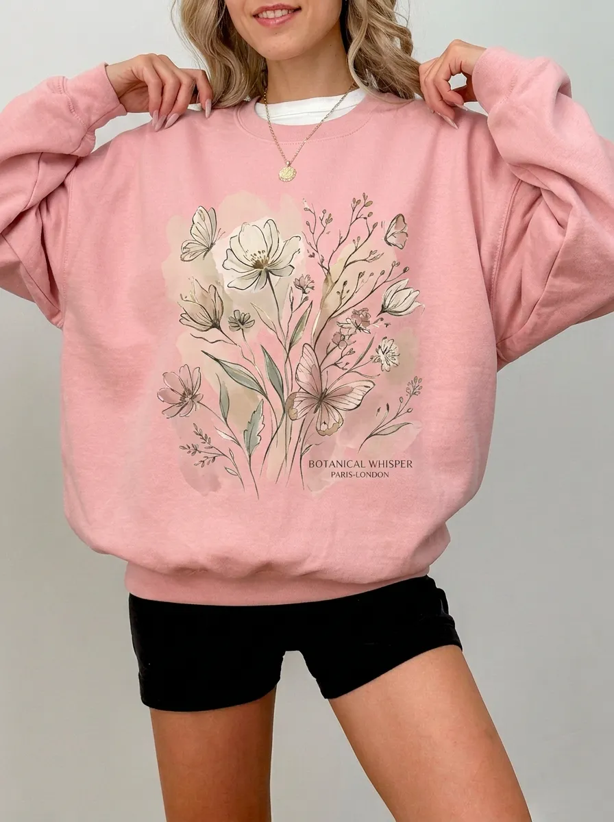 Women's Botanical Butterfly Floral Watercolor Printed Sweatshirt