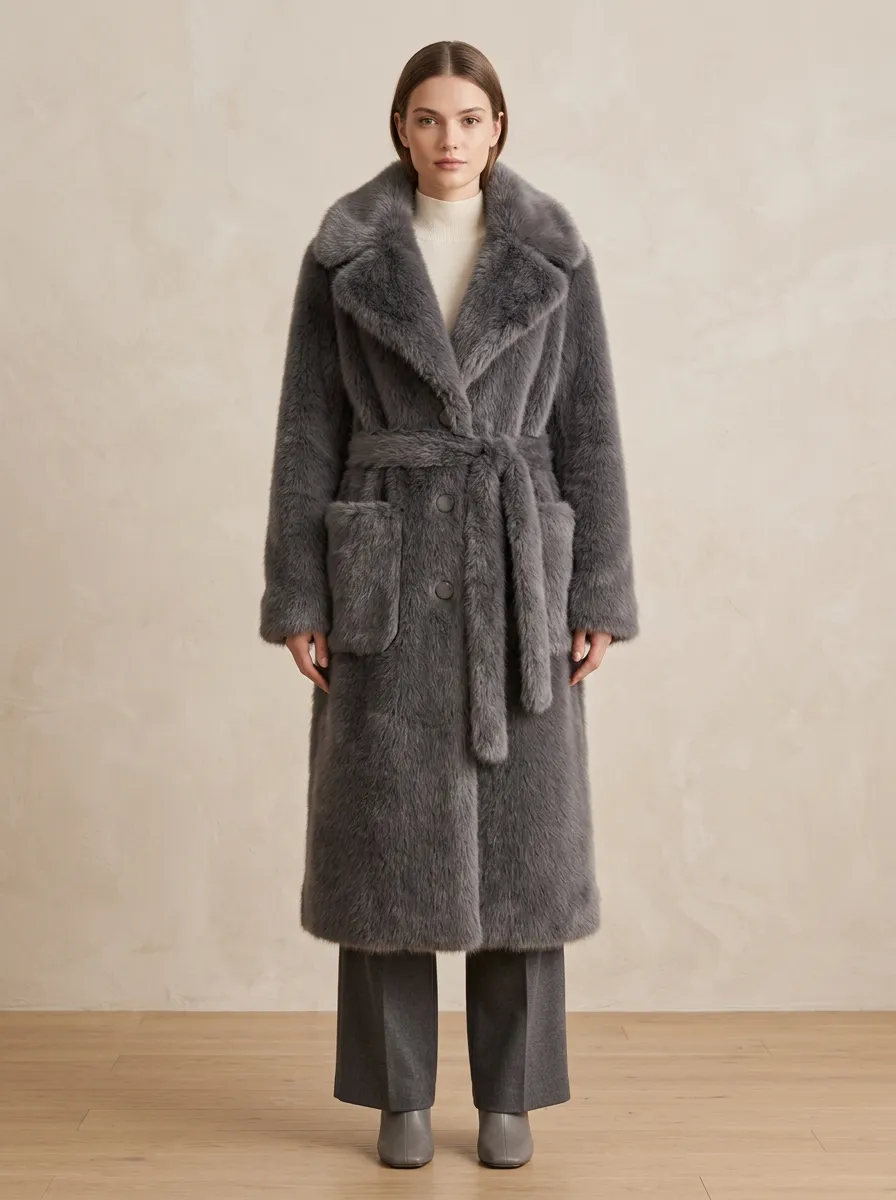 Front Pockets Faux Fur Belted Long Coat