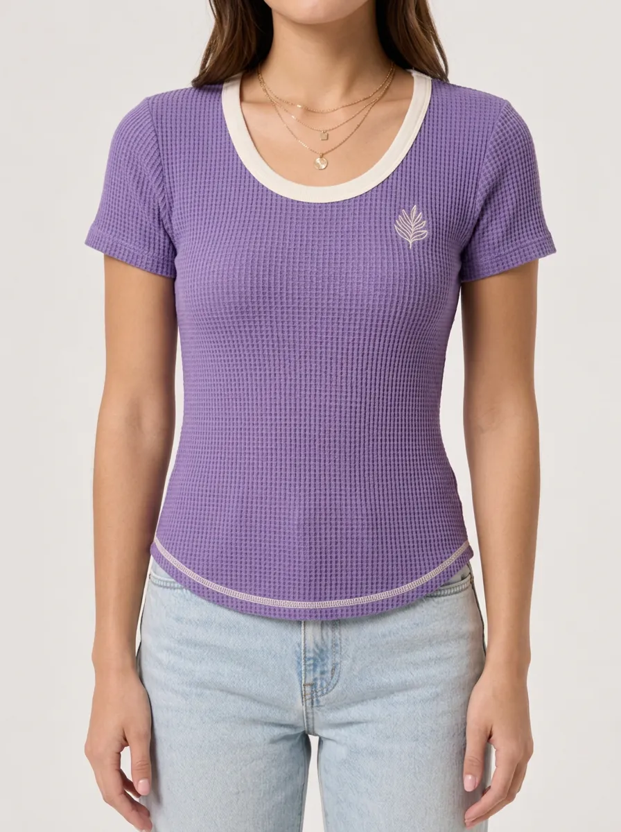 Women's Minimalist Leaf Embroidered Purple Waffle Knit Top