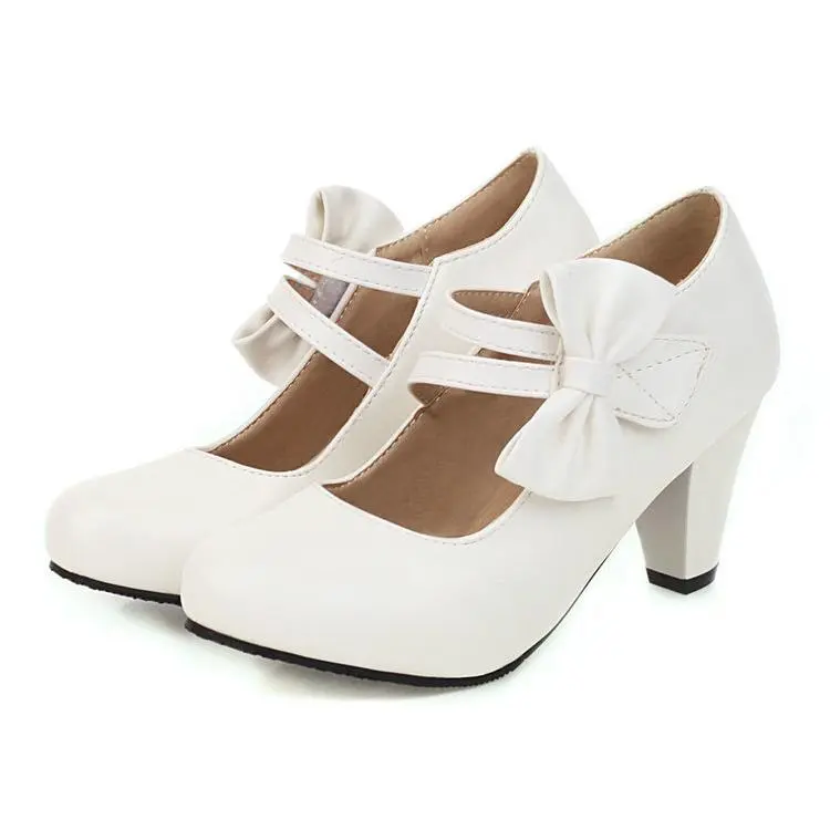Bow Accent Round Toe Chunky Heel Pumps