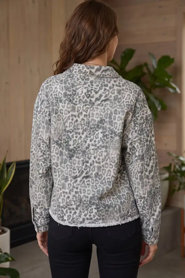 Collared Denim Leopard-Print Studded Jacket