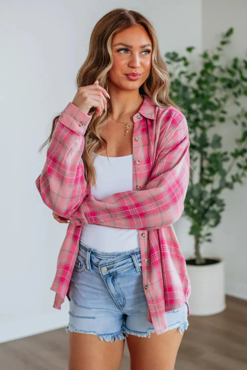 Sachet Pink Plaid Print Rounded Shirt