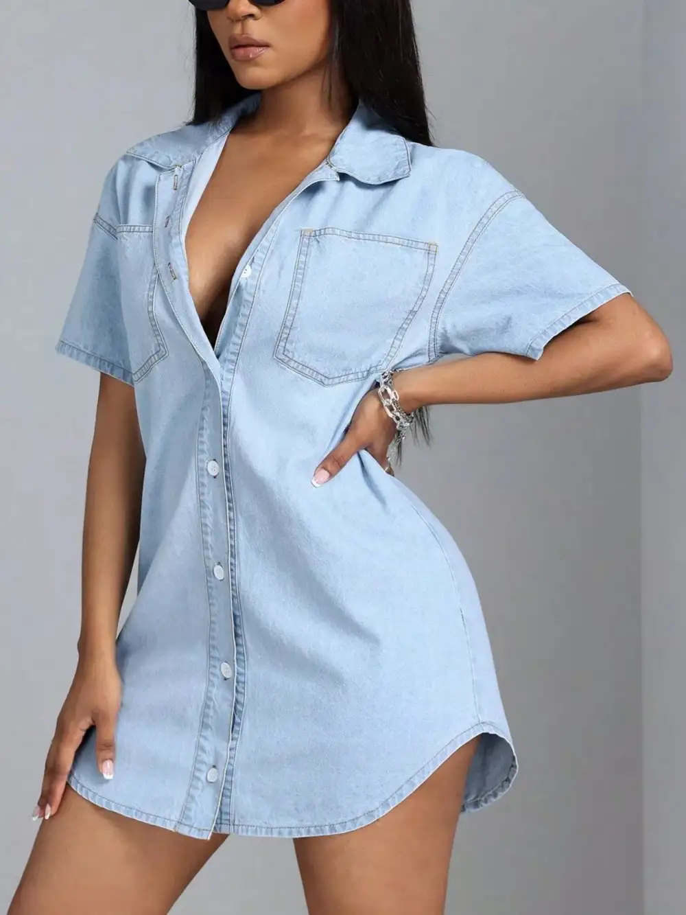 Denim Button Front Short Sleeve Dress Casual