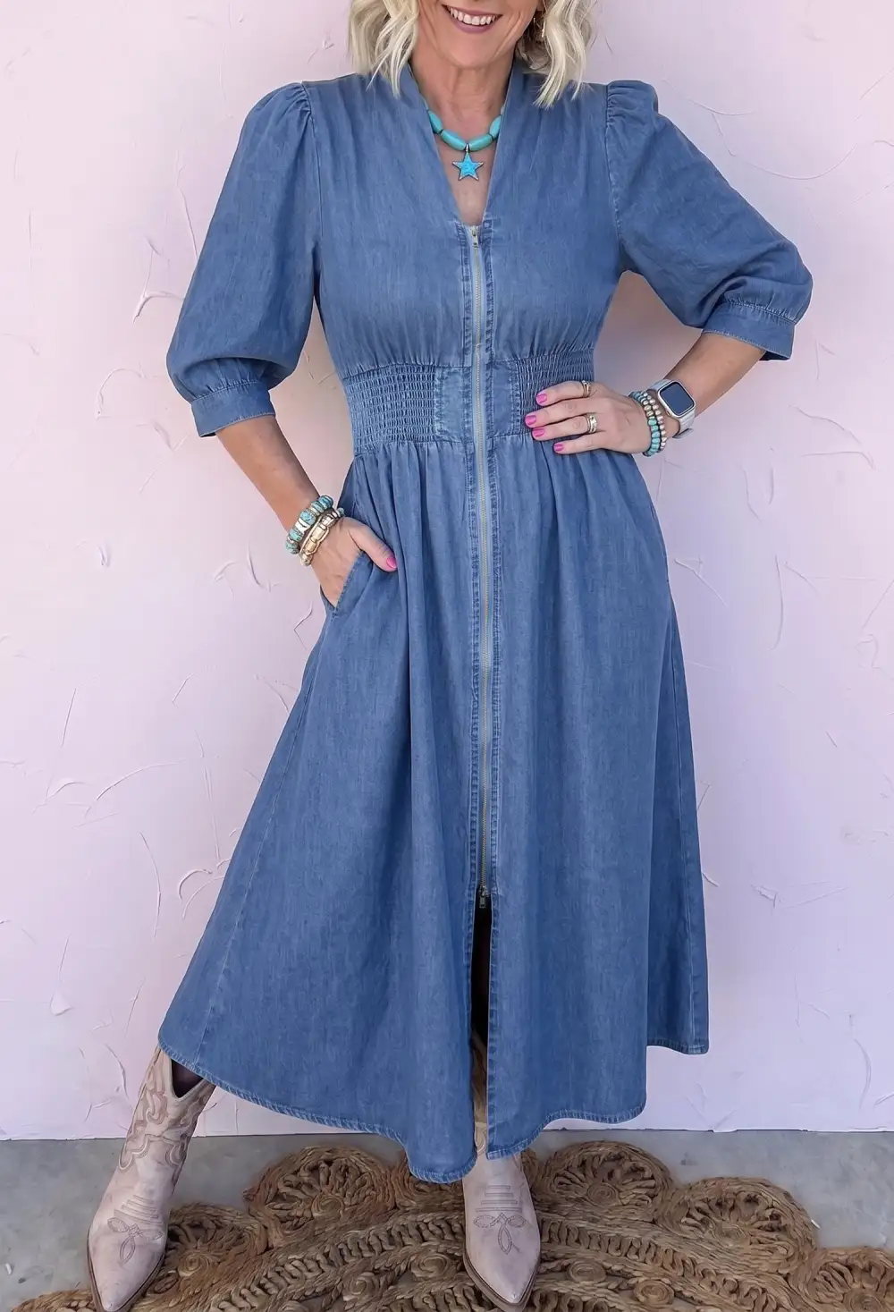 V Neck Shirred Waist Metal Zipper Midi Dress