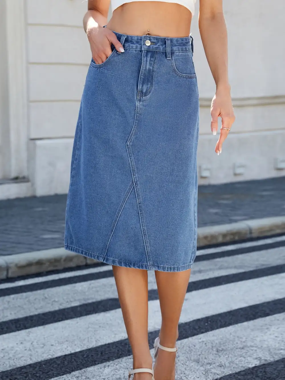 Denim Side Slit Midi Skirt