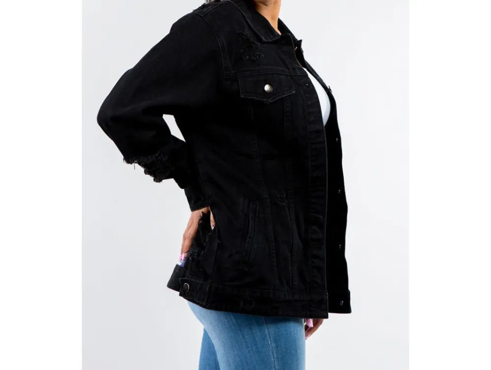 Plus Size Button-Up Distressed Denim Jacket