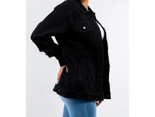 Plus Size Button-Up Distressed Denim Jacket