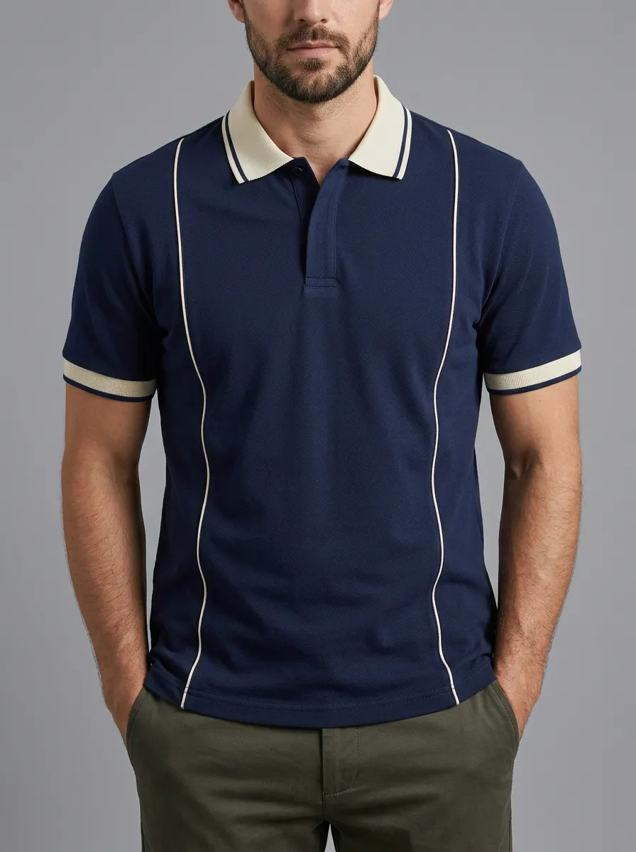 Men's Retro Contrast Piping Striped Polo Shirt