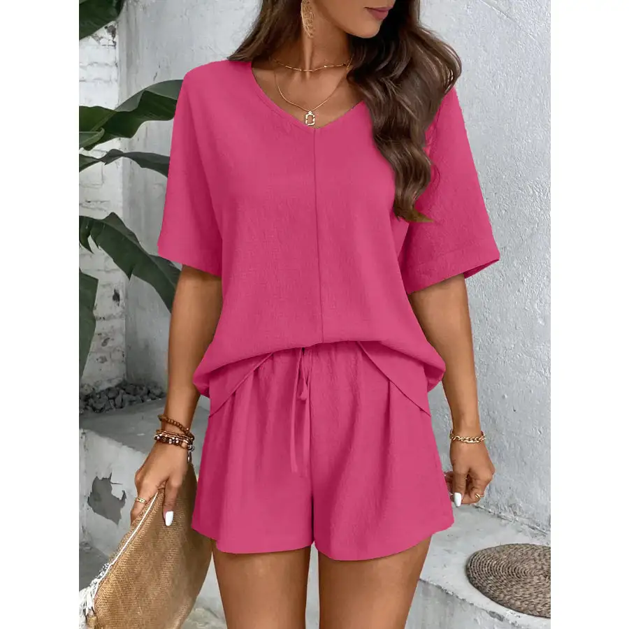 Relaxed Fit V Neck Top and Shorts Two Piece Set