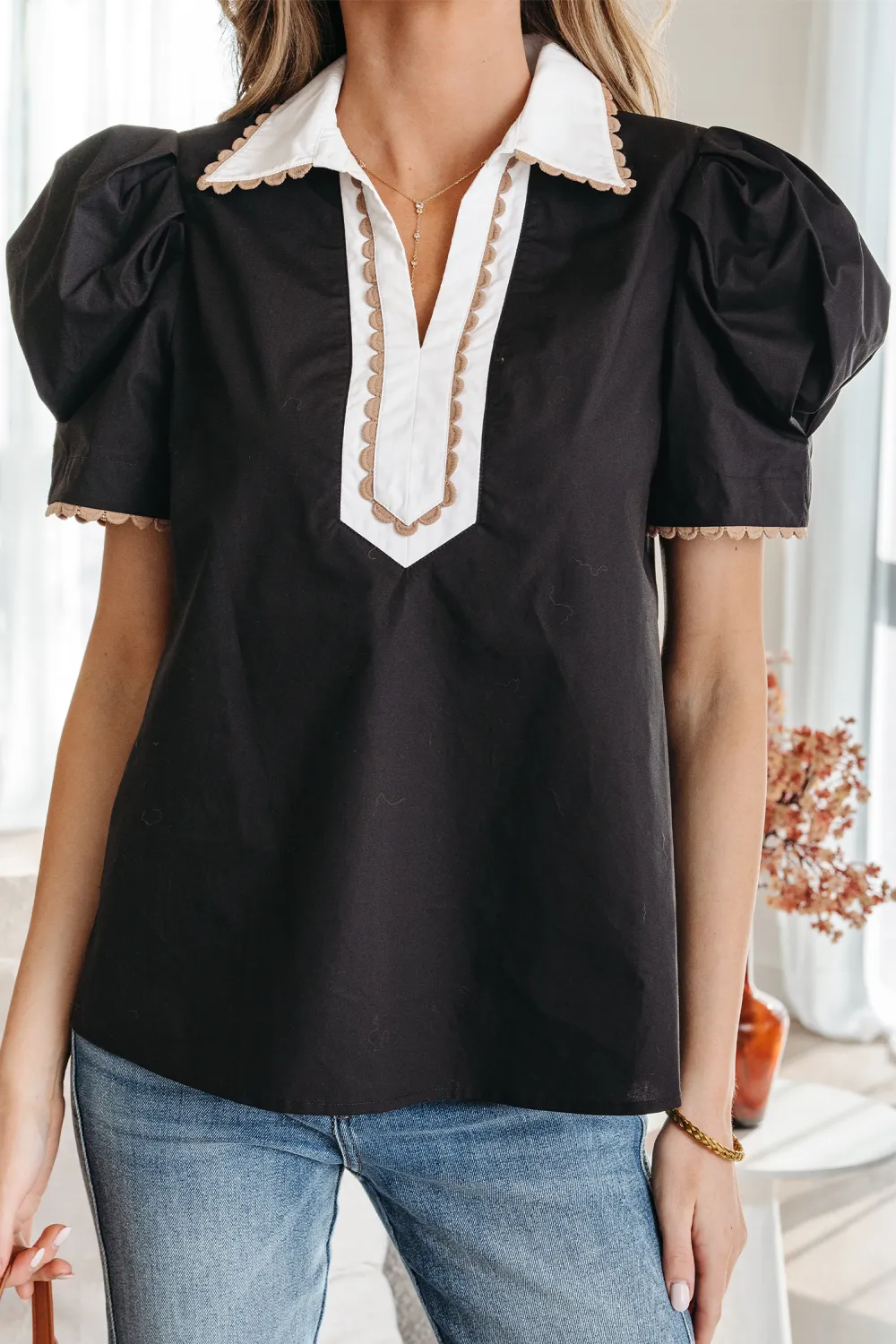 Black Ricrac Trim Block Patchwork Blouse