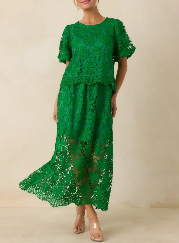 Green Floral Lace Maxi Skirt