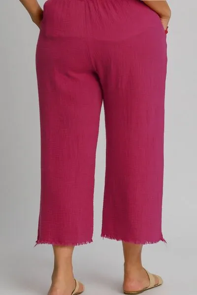 Raw Hem Elastic Waist Wide Leg Pants