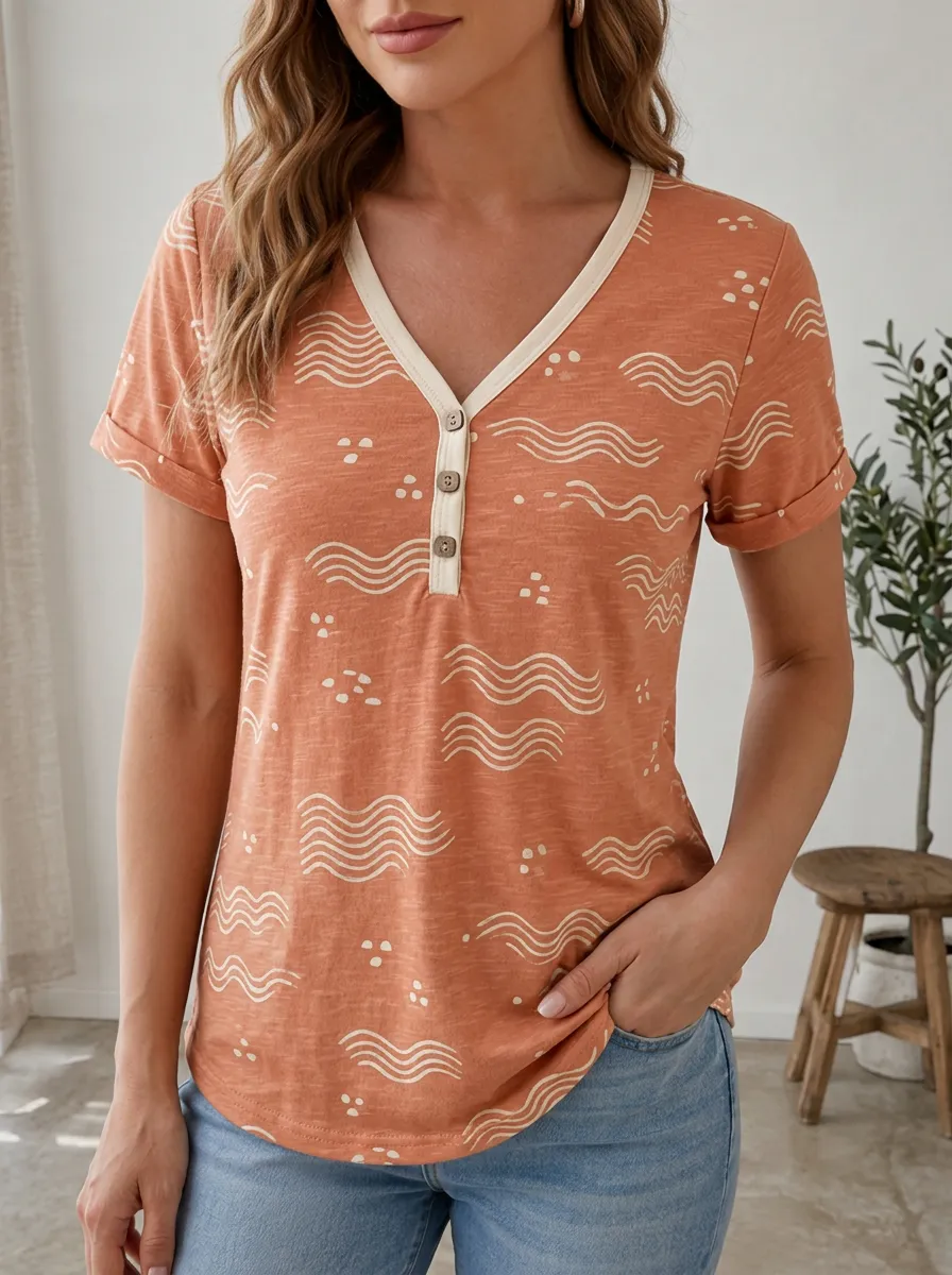 Women's Boho Wave Pattern Printed Henley Shirt