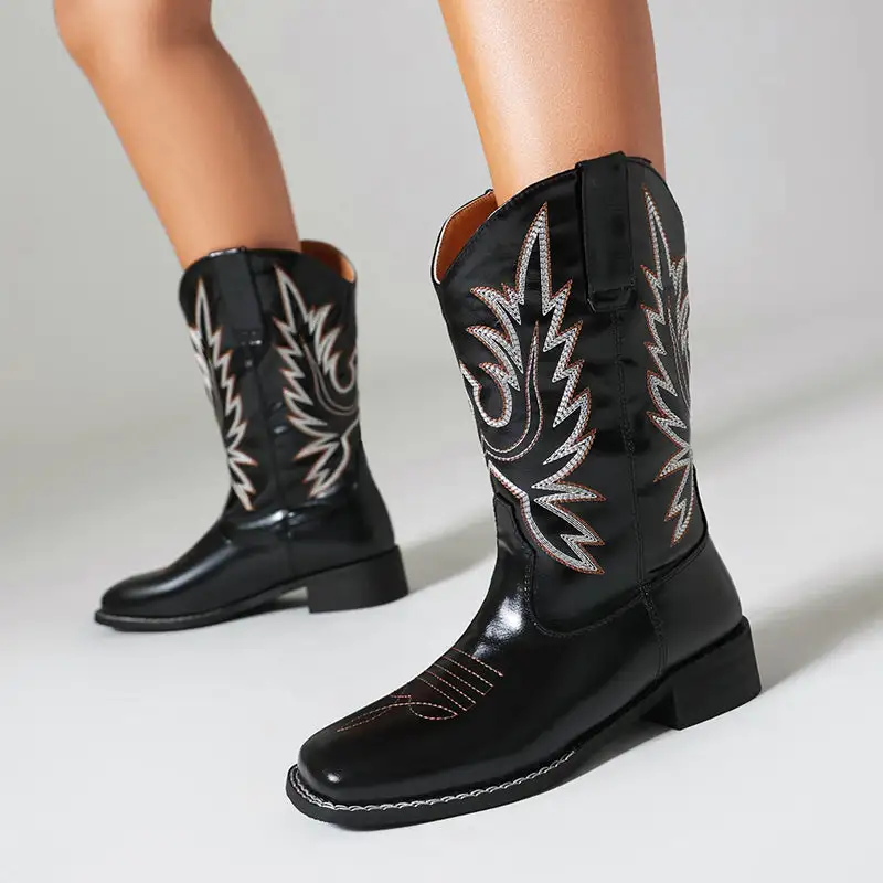 Embroidery Vintage Mid-Calf Western Boots