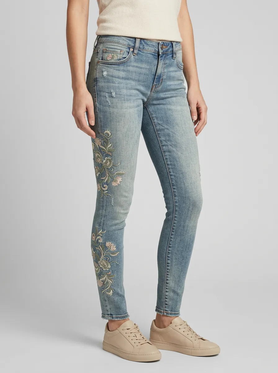 Women's Floral Vintage Flower Embroidered Printed Slim Jeans