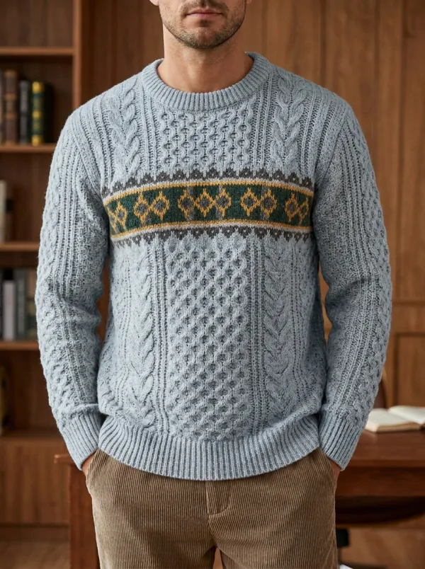 Men's Geometric Cable Knit Crewneck Sweater
