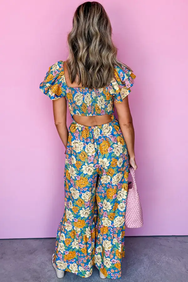 Floral Allover Print Shirred Panel Detail Jumpsuit