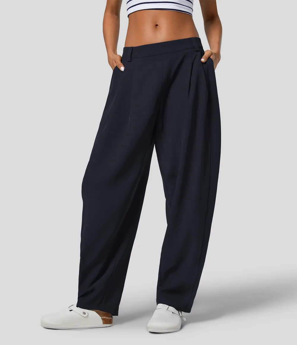 Mid Rise Plicated Side Pocket Barrel Leg Work Pants