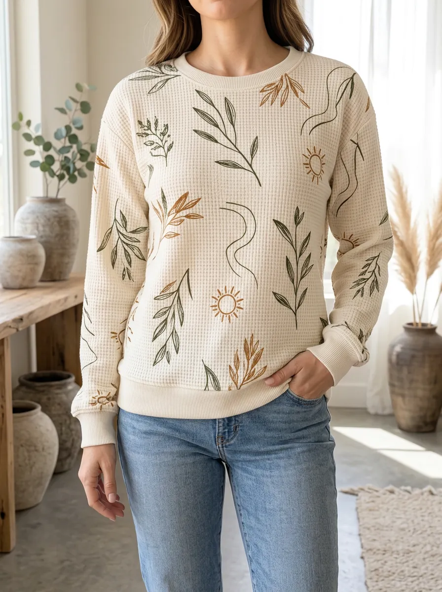 Women's Boho Botanical Sun Patterned Waffle Knit Crewneck Sweatshirt