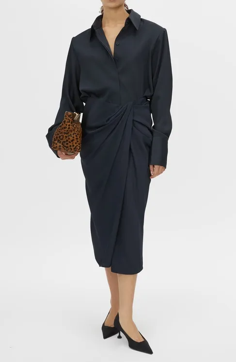 French Navy Wrap Midi Skirt