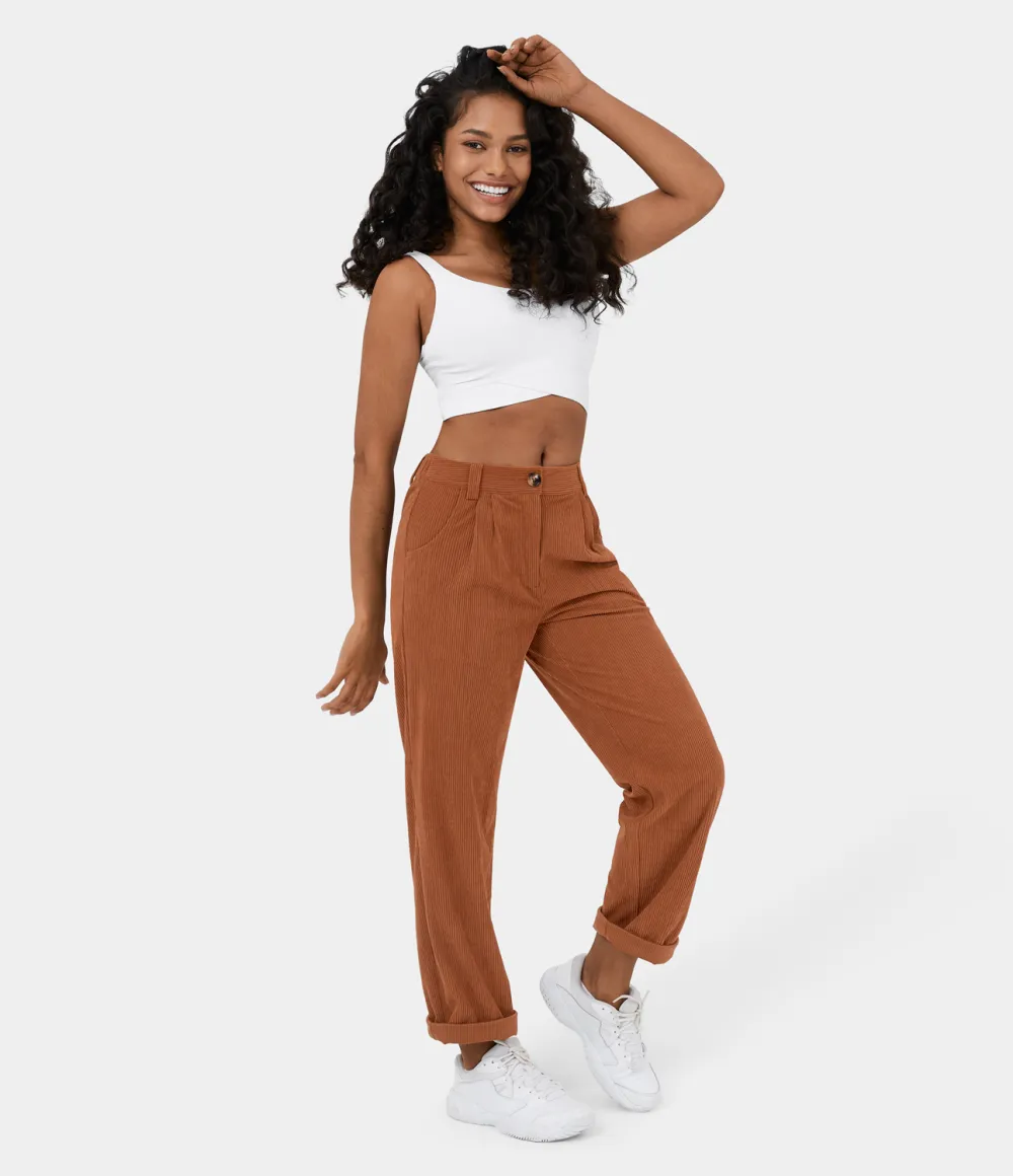 Mid Rise Button Zipper Side Pocket Corduroy Casual Pants