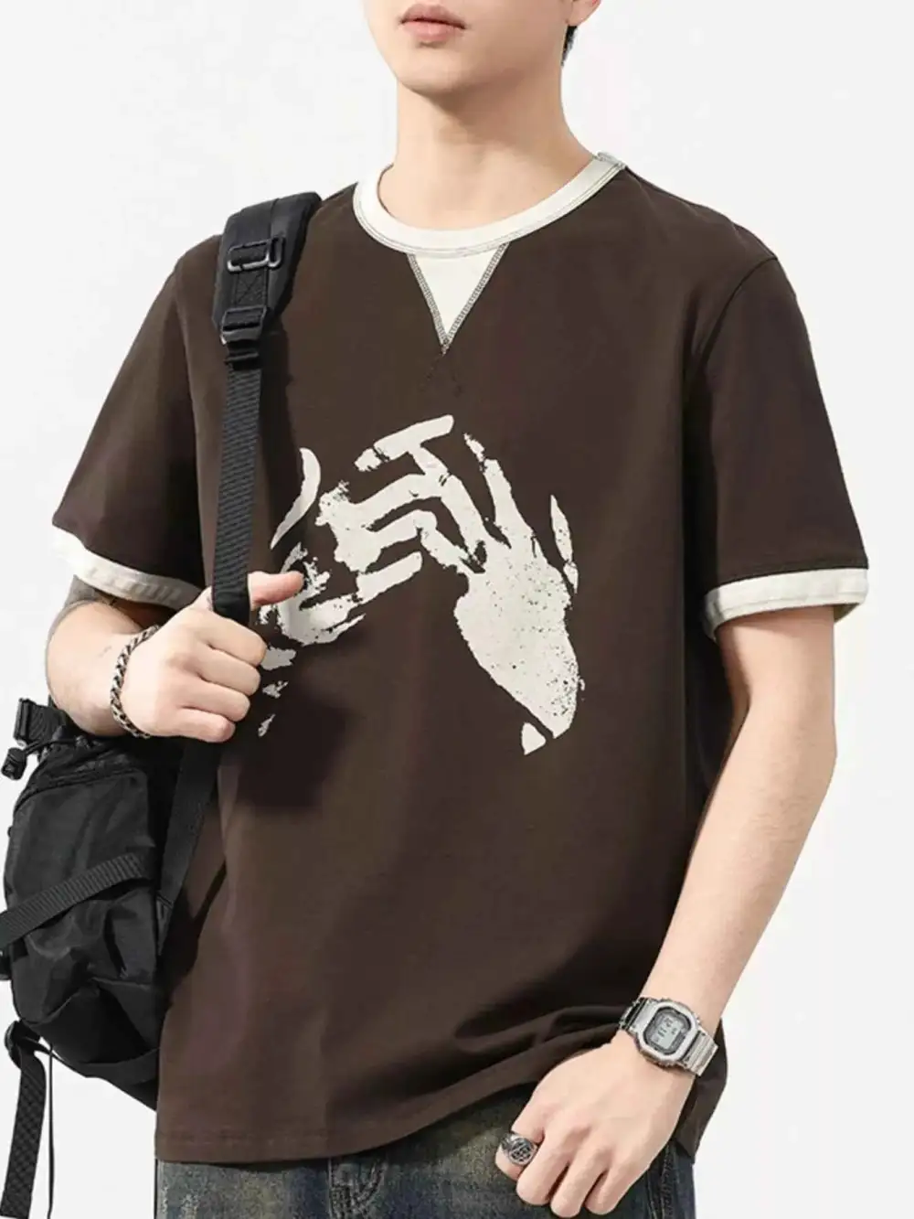Two-Tone Short Sleeve Graphic T-Shirt